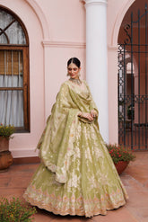 Bright Green Tissue Floral Embroidered Lehenga Set