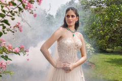 3D Flower Work With Net Embalished Lehnga With Corset Lehnga Dupatta