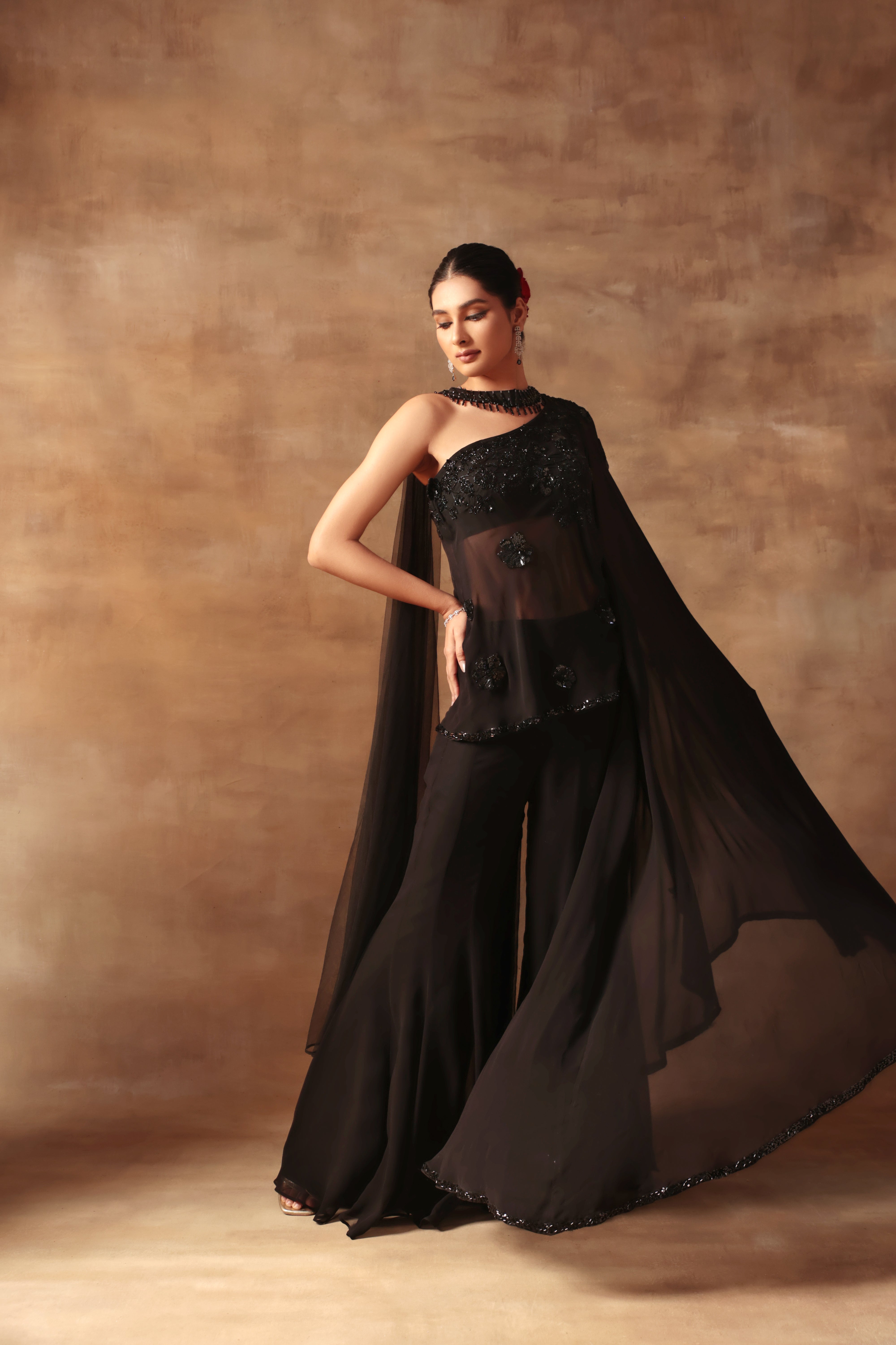 Black Bicecut Georgette Embroidered Shirt Sharara