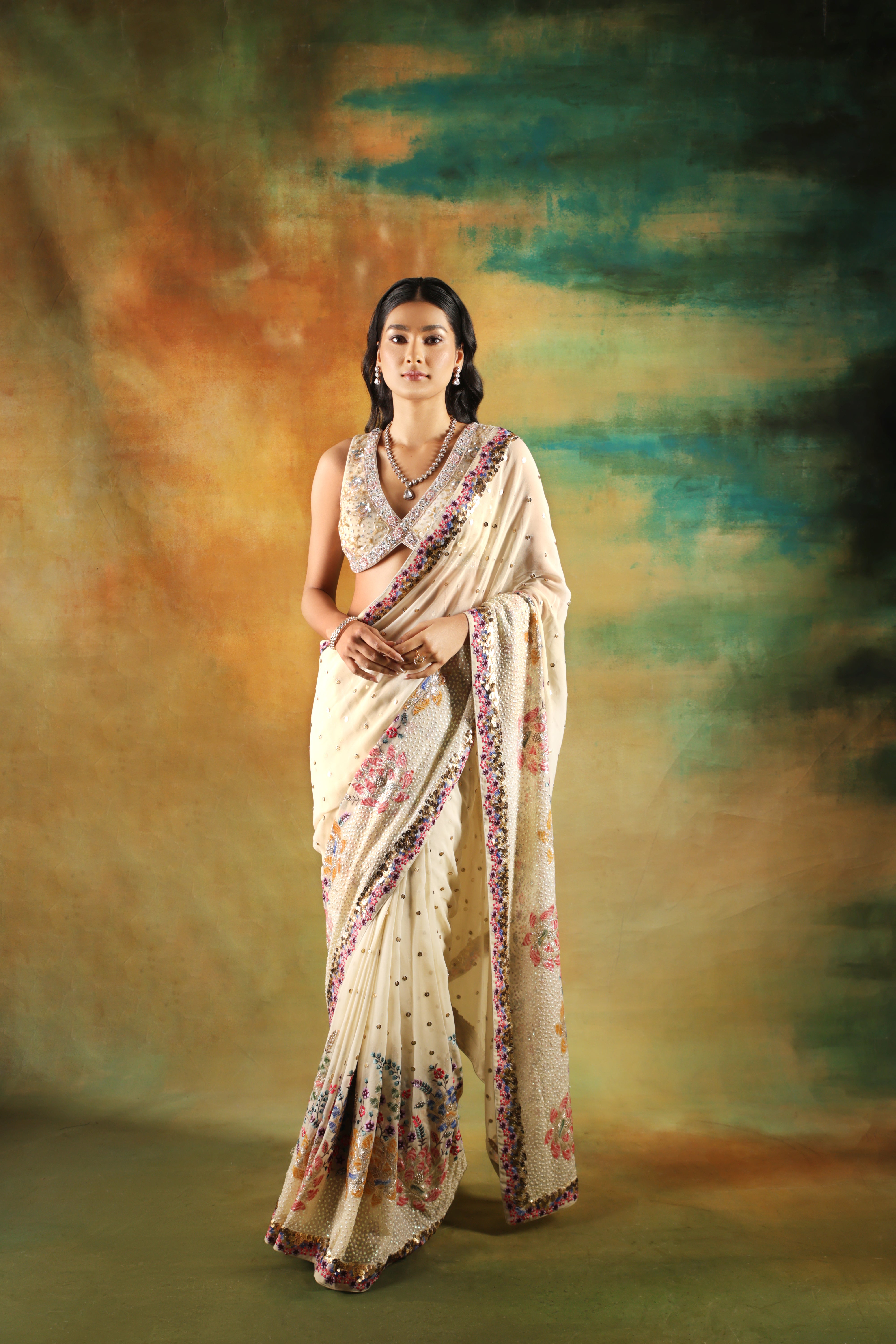 Ivory Embroidered Saree with Embellished Blouse
