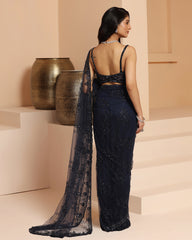 Blue Net Cutdana & Bead Work Saree Set