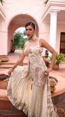 Hand embroidered short shirt and sharara set with dupatta, embellished with beads, cutdana, and sequins.