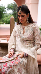 Big flower jaal with pastel gold colour long shirt pant.