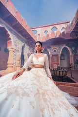 Beige Net & Viscose Georgette 3D Floral Embroidered Lehenga Set