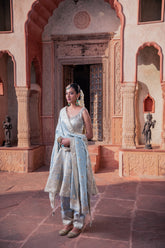 Ice Blue Tissue Hand Embellished Kalidar Anarkali Set