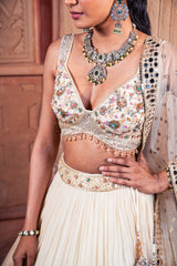 Beige Net & Viscose Georgette Resham Work Lehenga Set