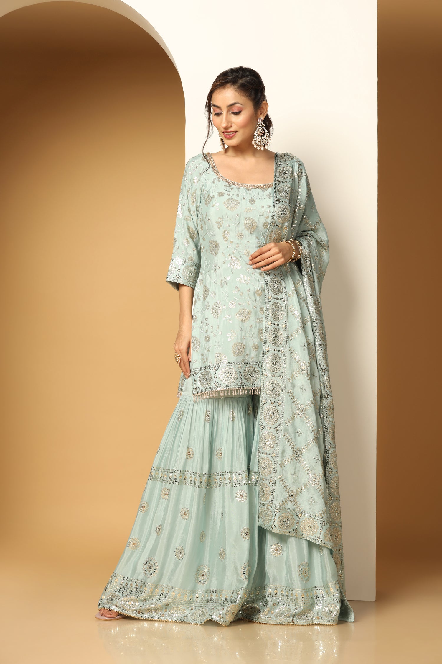 Sequin Floral Sharara Set – Blooming Garden Party Wear Look