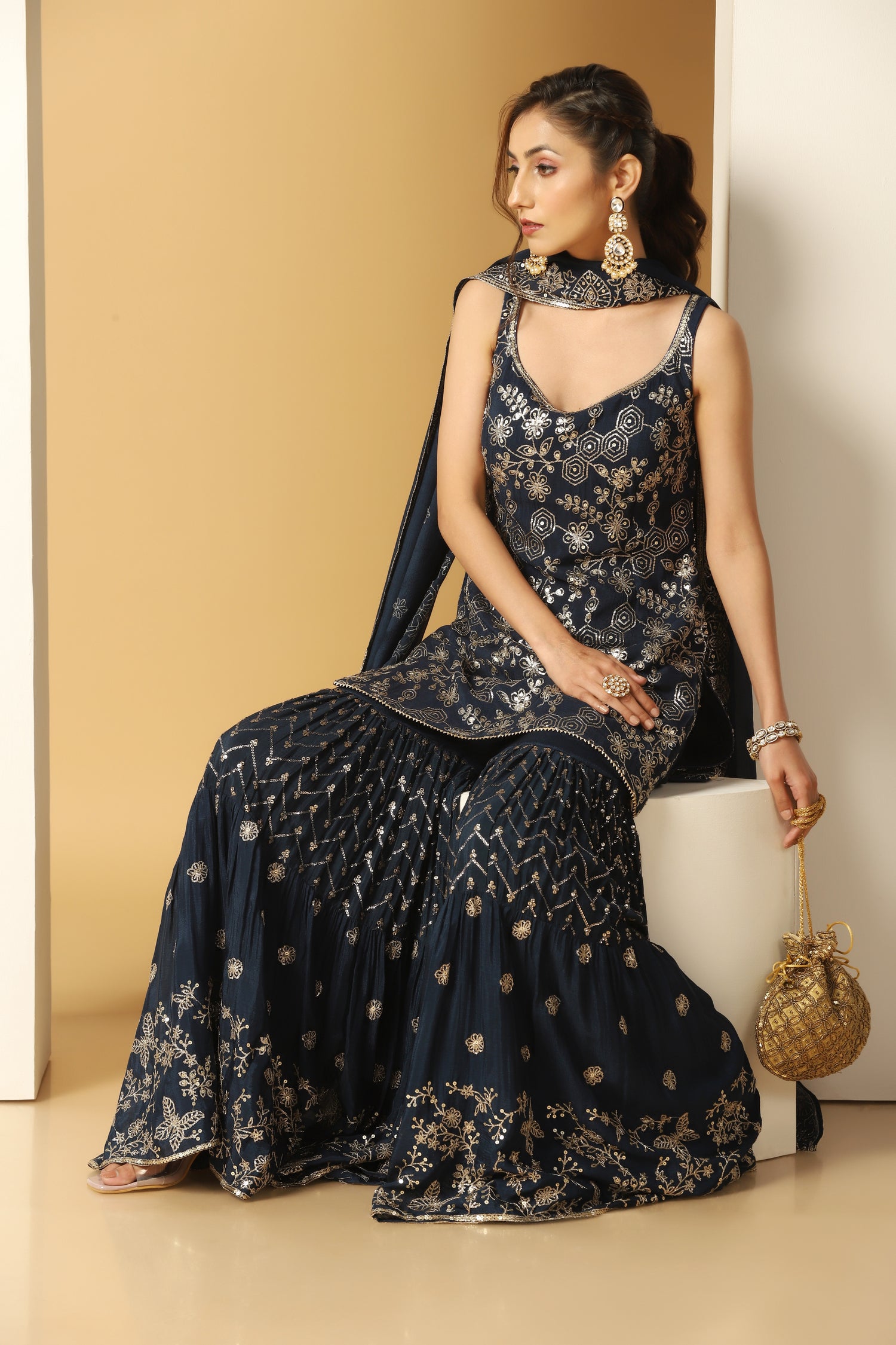 Festive Wear Embroidered Kurti Sharara Set Online