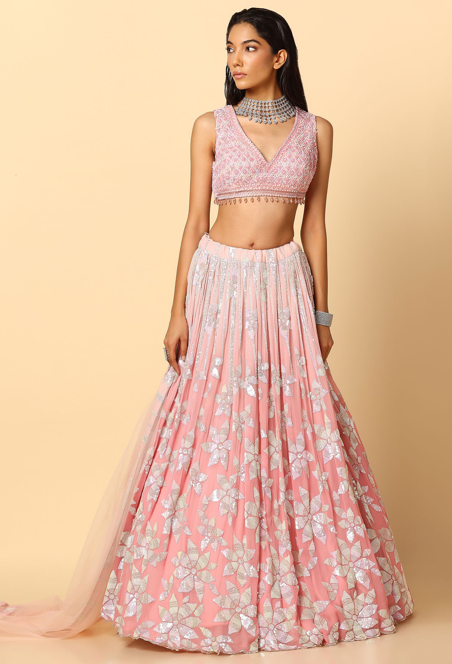 Rose Pink Ombre Lehenga with Tone to Tone Sequence Blouse