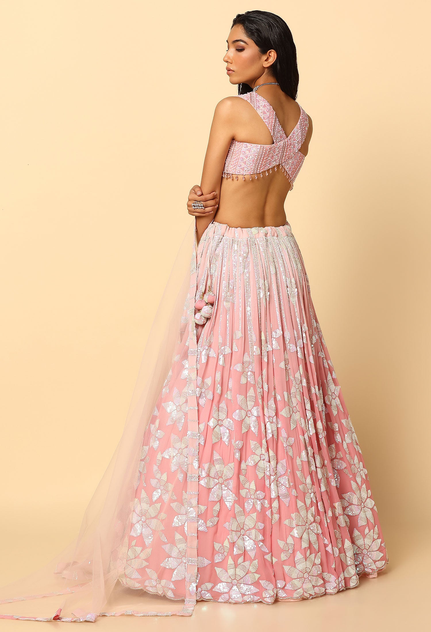 Rose Pink Ombre Lehenga with Tone to Tone Sequence Blouse