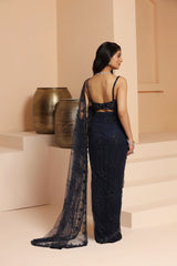 Midnight blue flower and geomatric combination net saree blouse