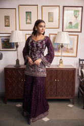 Purple V-Neck Embroidered Kurta And Sharara Set