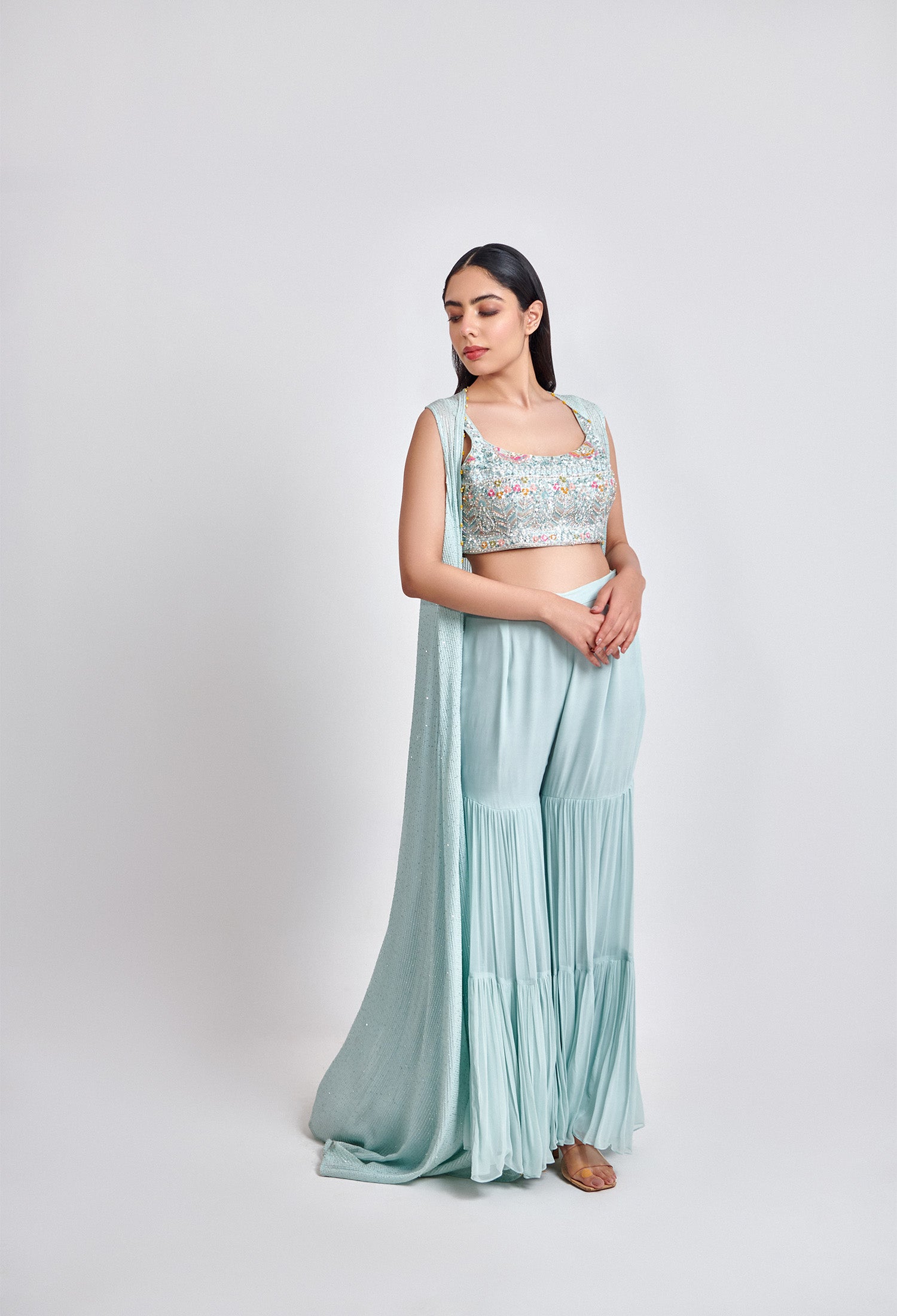 Ice Blue Sharara with Multicolor Blouse – Designer Ethnic Wear