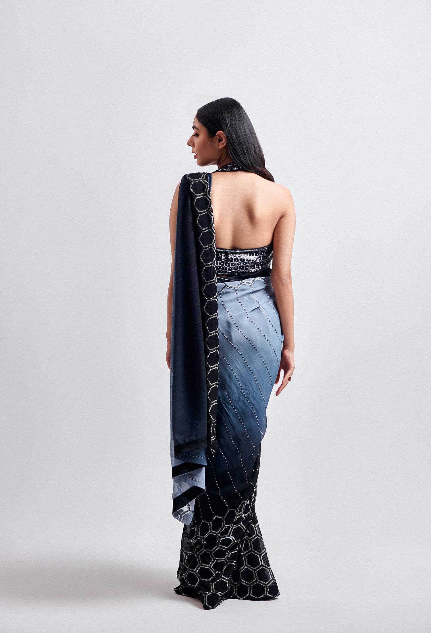 Black and Grey Ombre Saree with Halter Neck Blouse