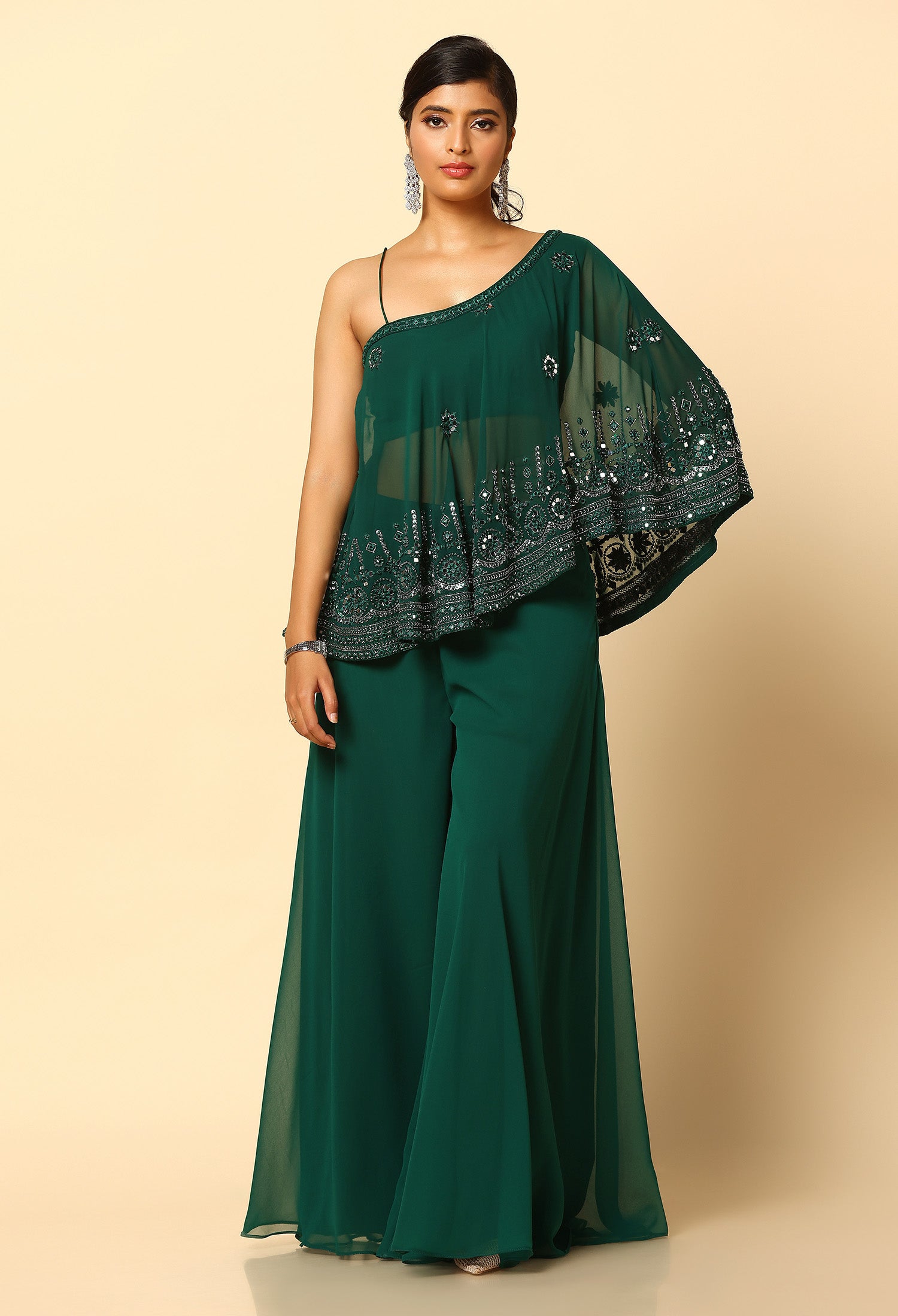 Bottle Green Fusion Outfit with Silver Mirror Work – Ethnic Wear