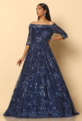 Navy Blue Embroidered Bardot Gown for Evening & Formal Wear