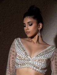 Ivory Net Hand Embroidered Cut Dana And Sequin Leaf Skirt & Blouse Set