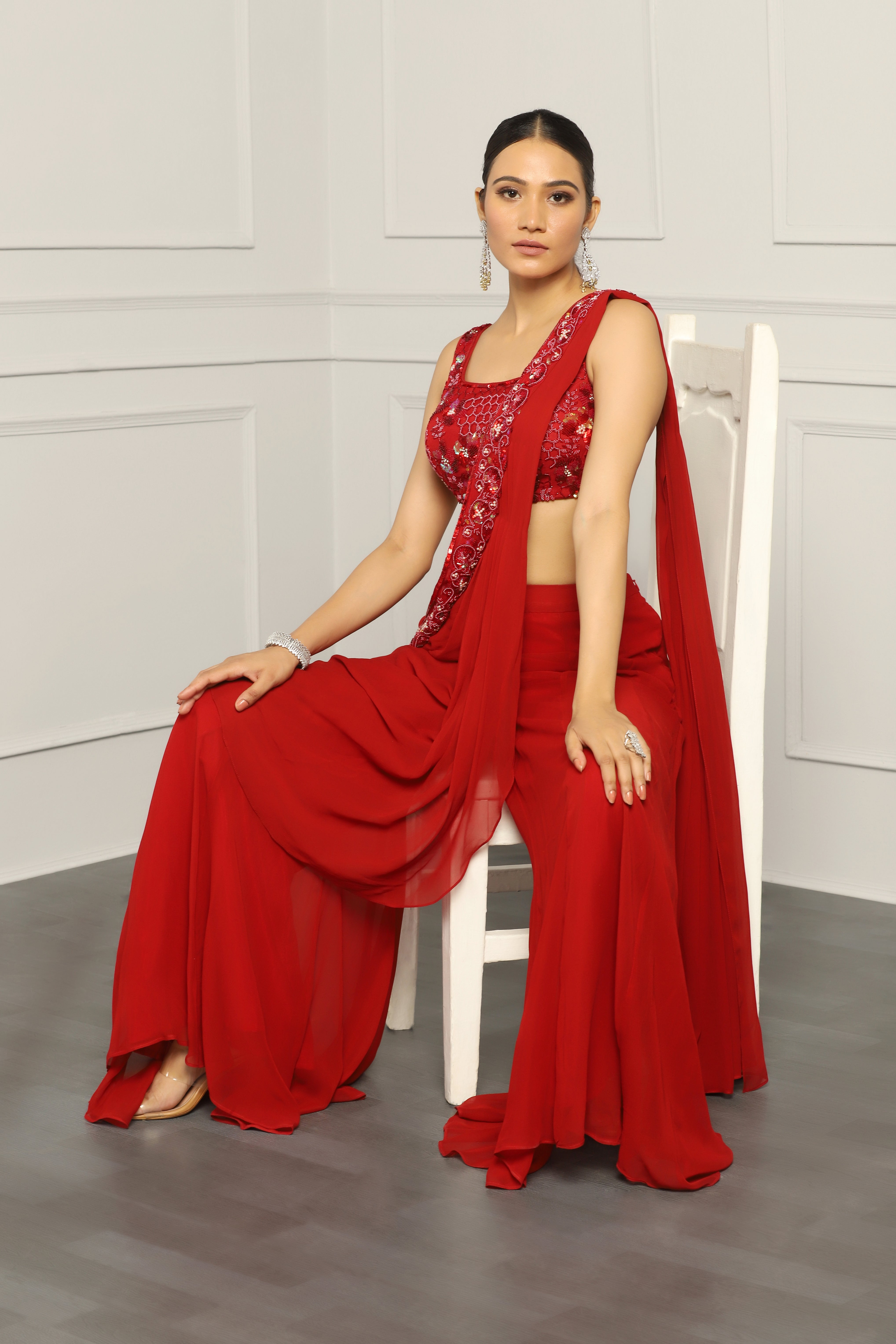 Designer Red Sequin Embroidered Sharara Saree for Weddings