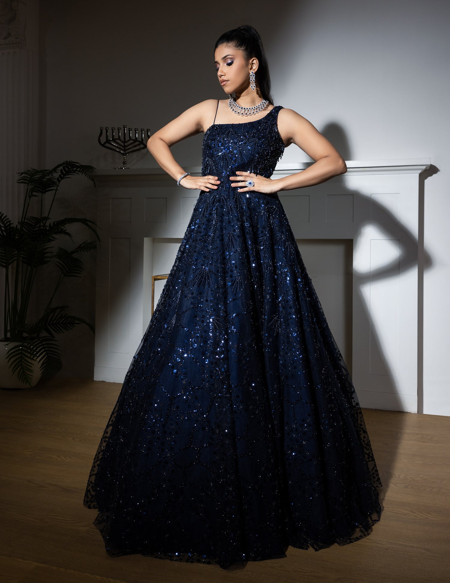 Midnight Blue Net Sequins Embroidered Gown for Evening & Party Wear