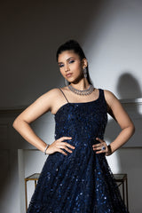 Midnight Blue Net Sequins Embroidered Gown for Evening & Party Wear