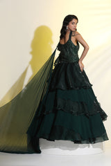 Emerald Green 3D Embroidered Ruffle Gown for Party Wear