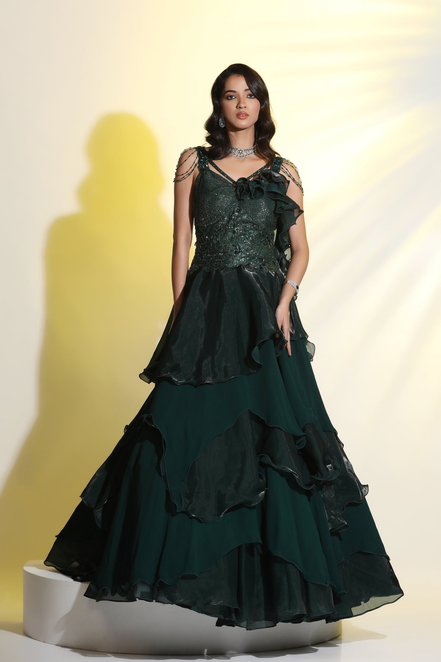 Emerald Green 3D Embroidered Ruffle Gown for Party Wear