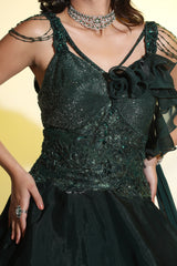 Emerald Green 3D Embroidered Ruffle Gown for Party Wear