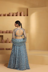 Net Flower motif kalidar Lehenga with geomatric choli