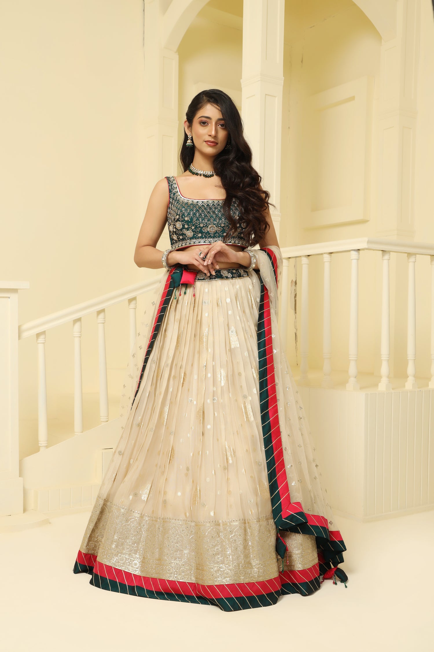 Gold and green embroided Tissue lehenga