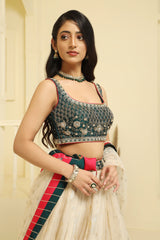 Gold and green embroided Tissue lehenga