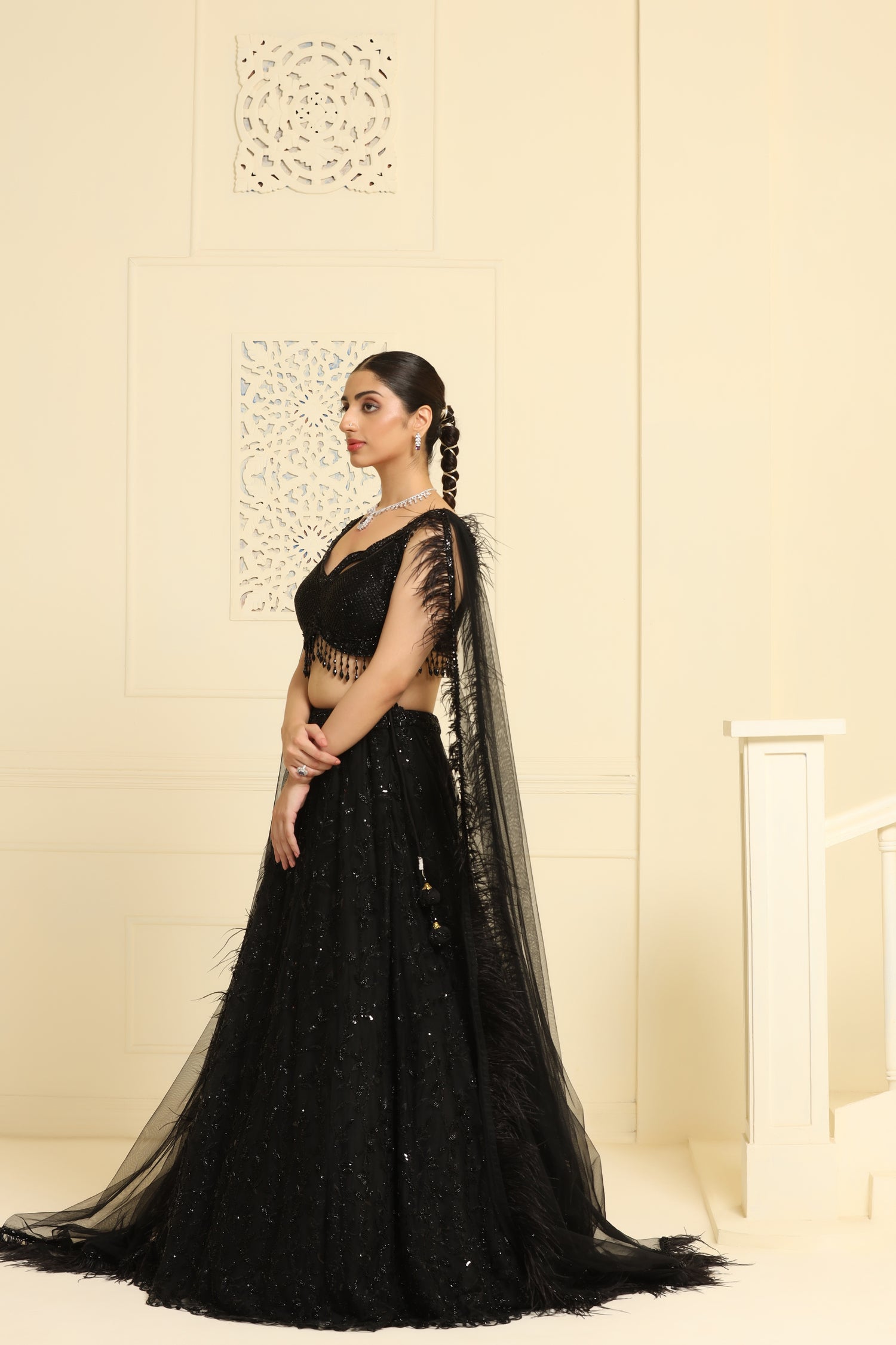 Flower kalidar lehenga and geomatric cutdana work on choli and feather dupatta