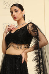 Flower kalidar lehenga and geomatric cutdana work on choli and feather dupatta