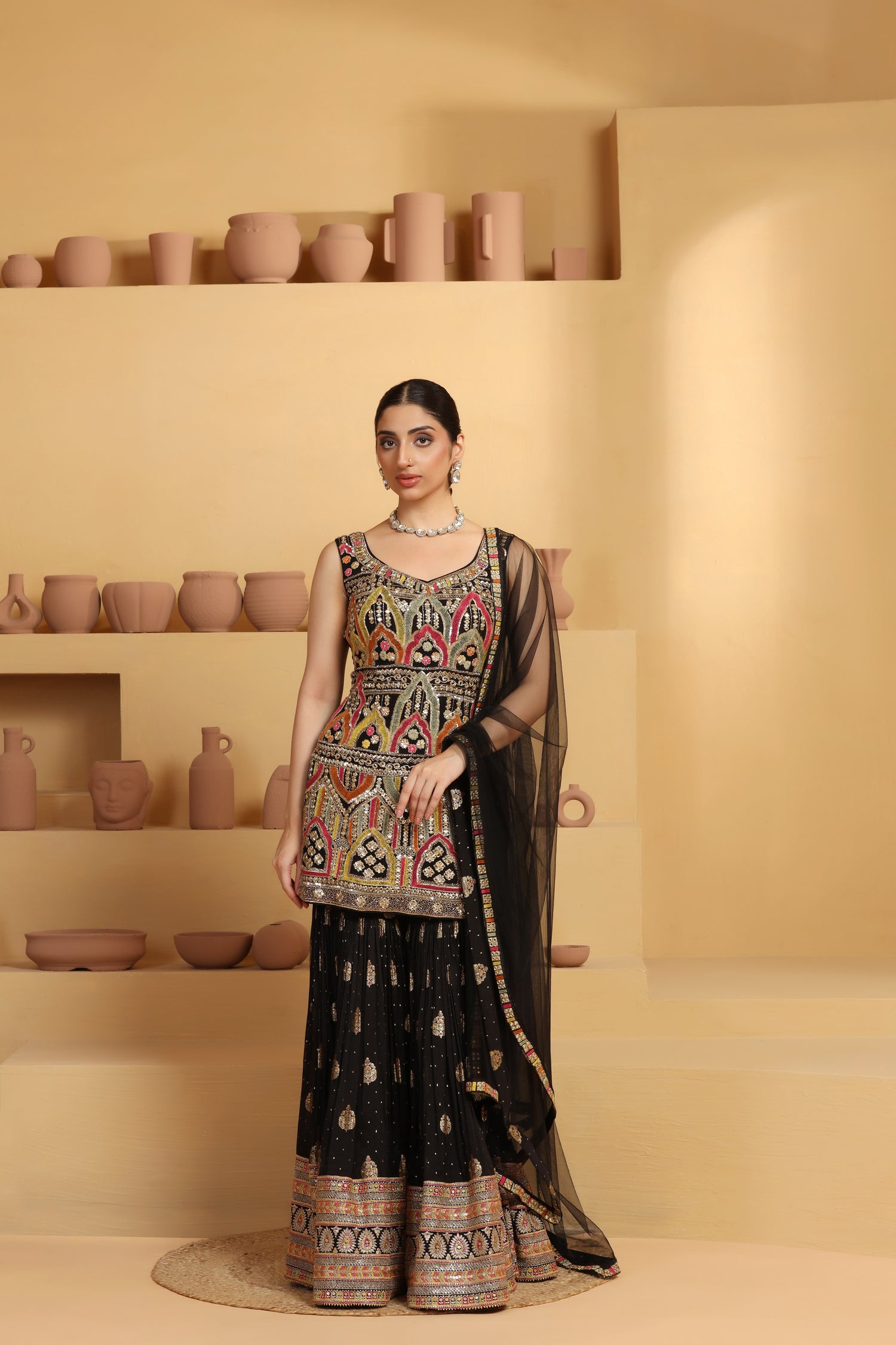 Designer Multicolor Sharara Set in Banarasi Jacquard Silk