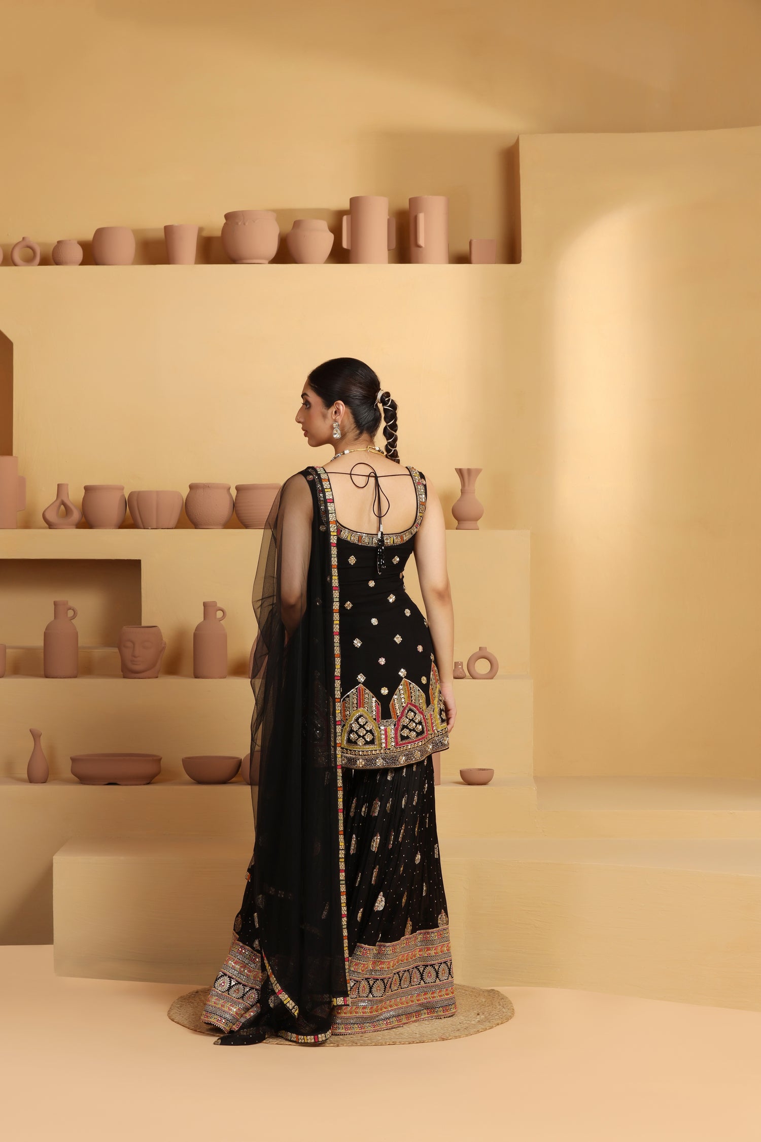Designer Multicolor Sharara Set in Banarasi Jacquard Silk