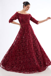 Maroon Net Sequins & Thread Work Off-Shoulder Gown