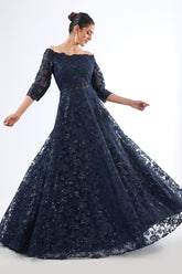Navy Blue Net Sequin & Thread Work Off-Shoulder Gown