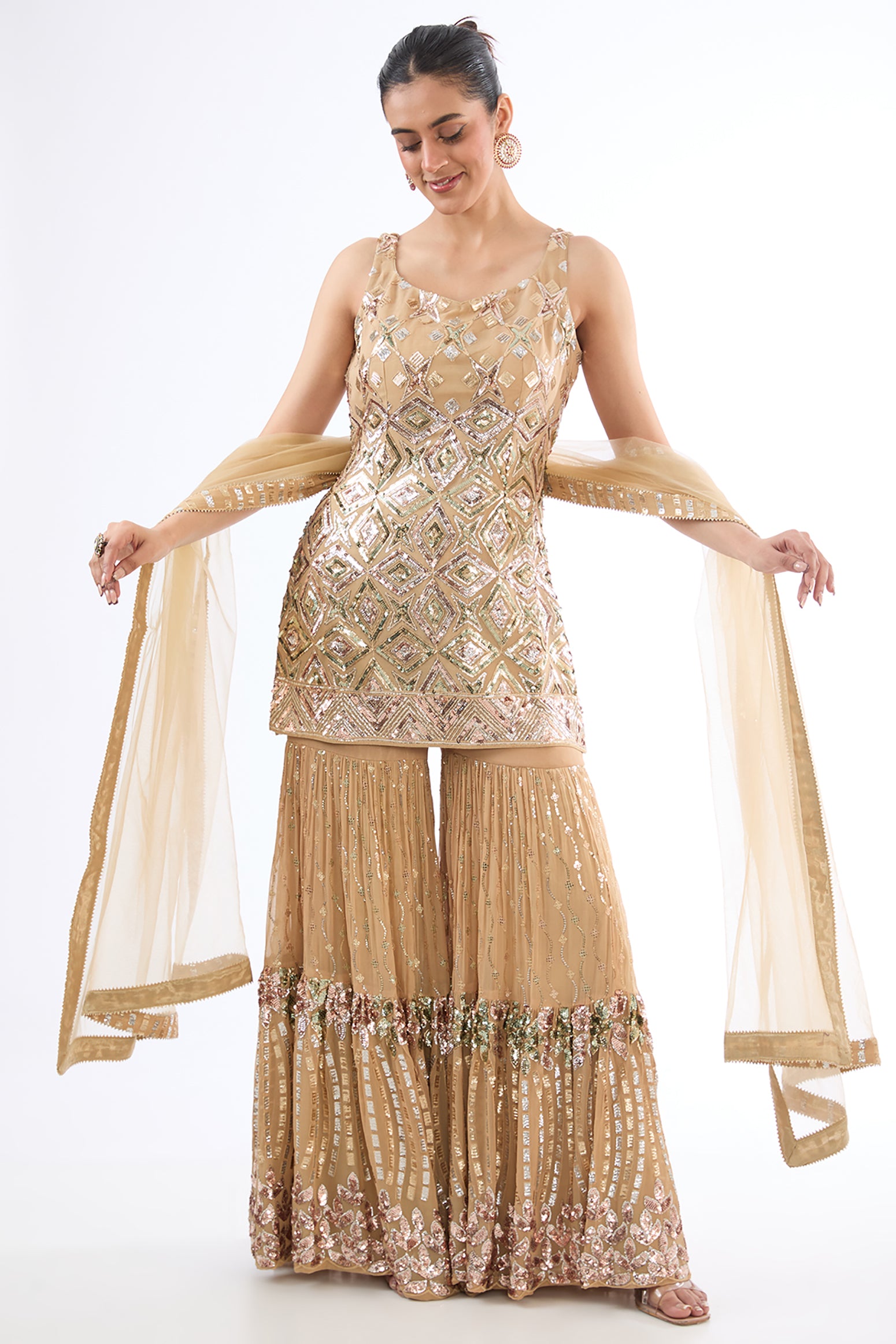 Golden Georgette Sequins Embroidered Sharara Set