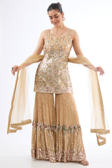 Golden Georgette Sequins Embroidered Sharara Set