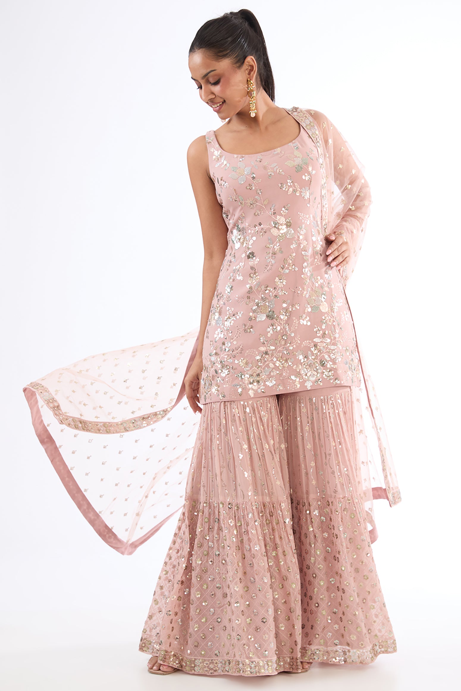 Peach Georgette Sequins Embroidered Sharara Set