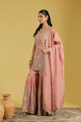 Peach Tissue Embroidered Gharara Set