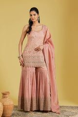 Peach Tissue Embroidered Gharara Set