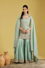 Ice Blue Tissue Embroidered Gharara Set