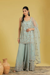 Pista Net & Georgette Embroidered Sharara Set