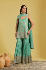 Sage Green Tissue Embroidered Gharara Set