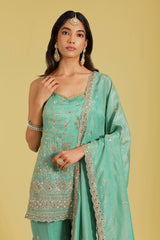Sage Green Tissue Embroidered Gharara Set