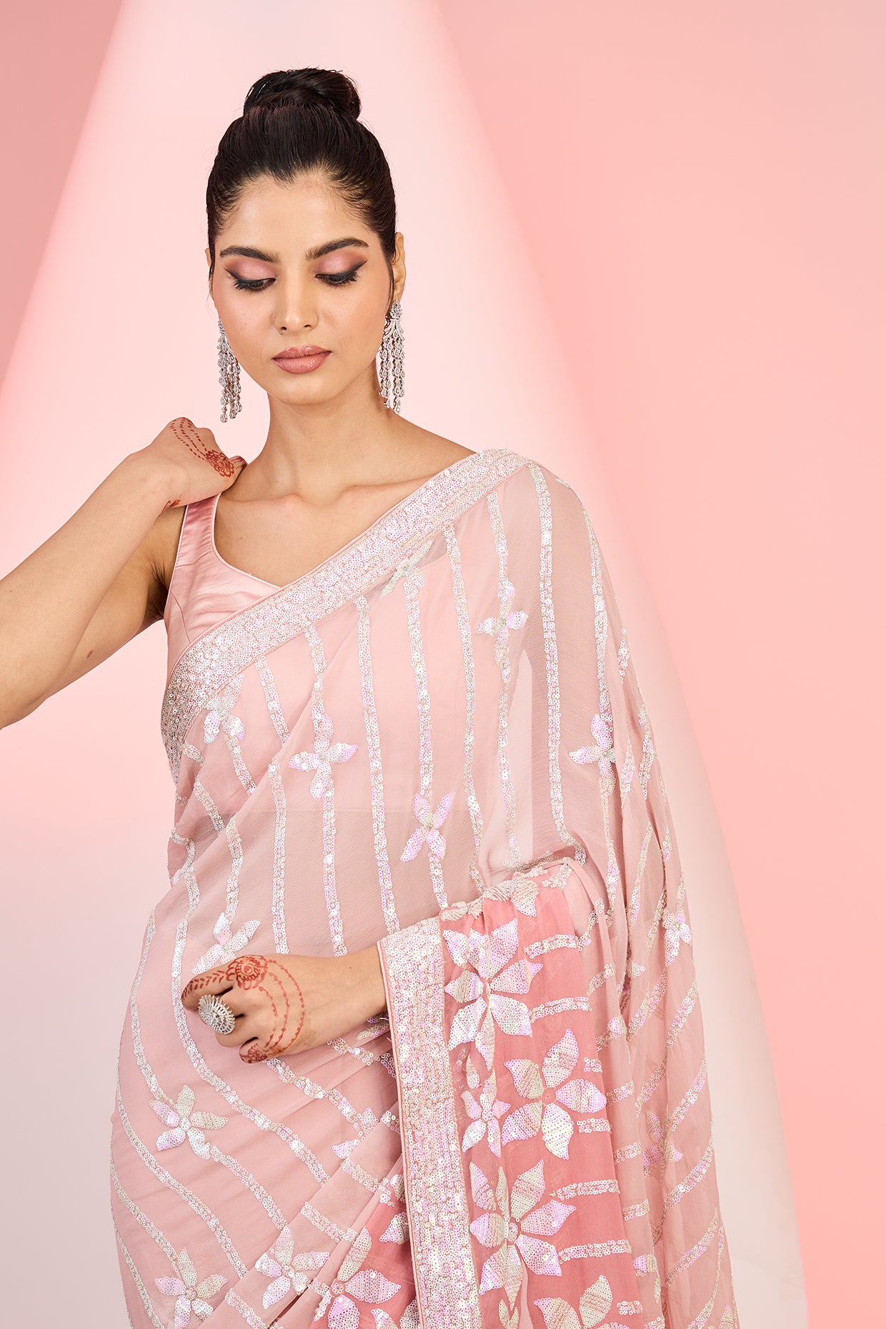 Peachy Pink Georgette Sequins Embroidered Saree