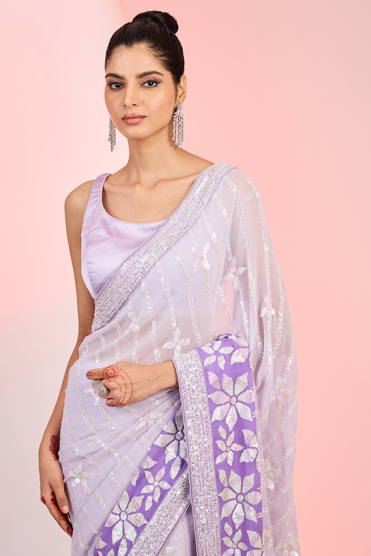 Purple Georgette Sequins Embroidered Ombre Saree