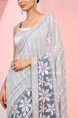 Grey Georgette Sequins Embroidered Ombre Saree
