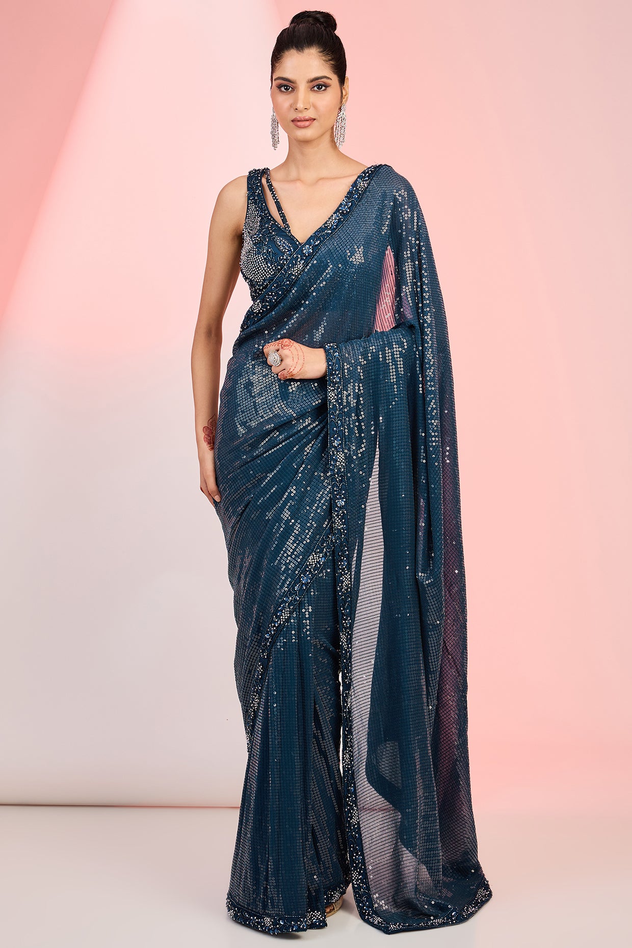 Dark Blue Georgette Sequins & Cutdana Hand Embroidered Saree