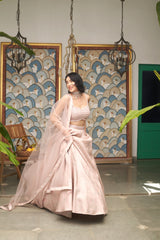 Pink Net Sweetheart Neck Embellished And Woven Lehenga Set
